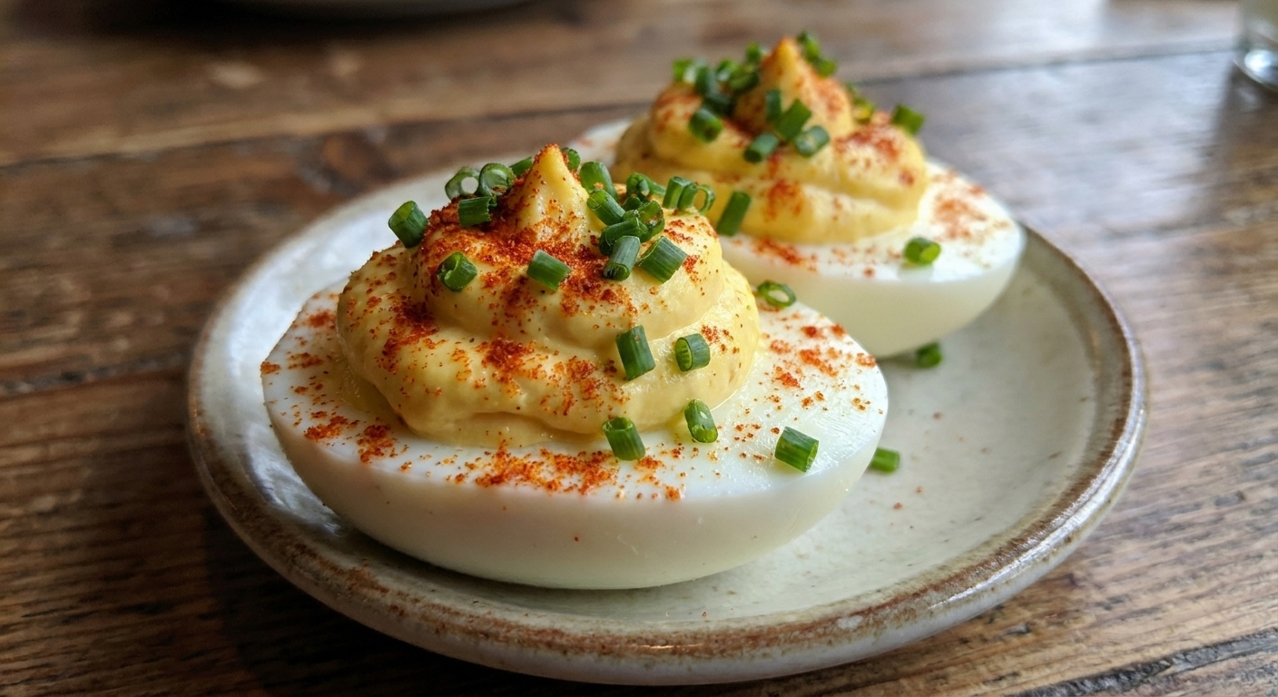 A real photograph close-up of two deviled eggs with a creamy yolk filling, dusted with paprika and topped with chopped chives, shallow depth of field