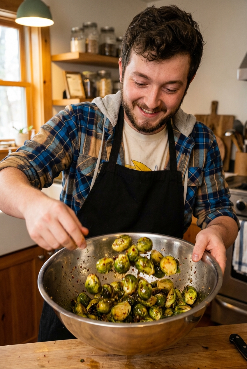 A real photograph of Brussels sprouts being tossed in a large bowl with a shiny spiced butter glaze