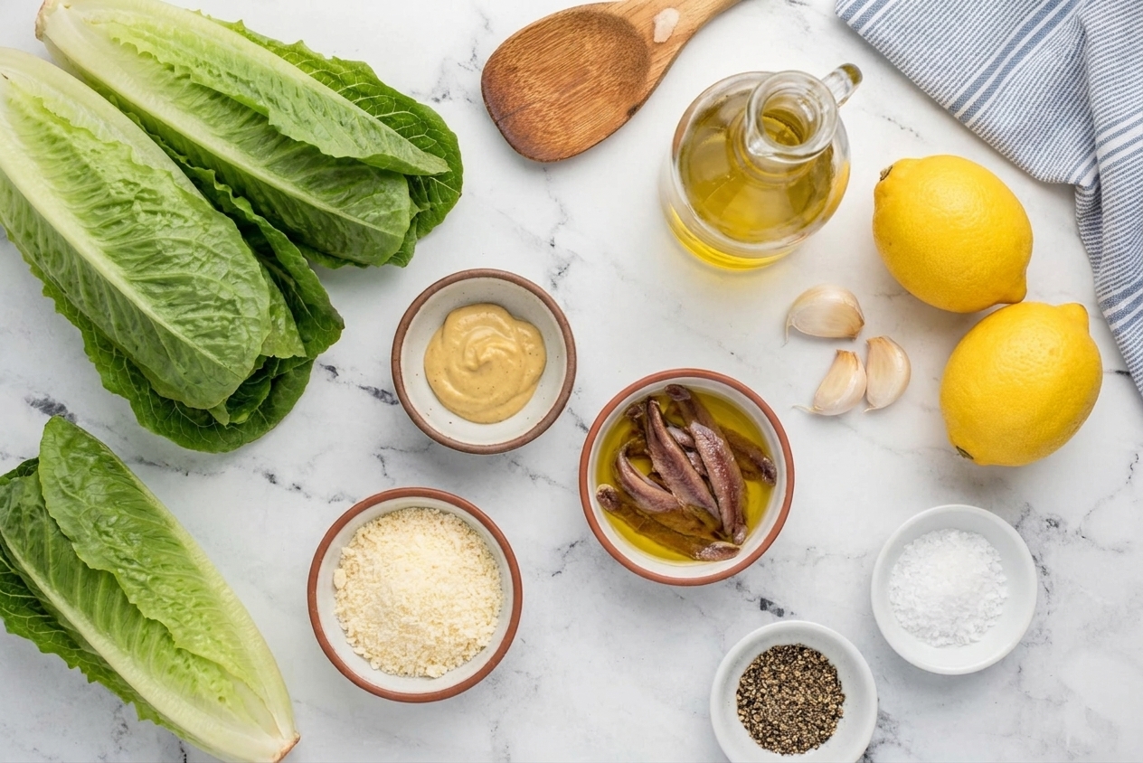 A real photograph of Caesar salad ingredients on a clean kitchen counter including romaine hearts, lemons, garlic, Dijon mustard, anchovy fillets, Parmesan, olive oil, bread cubes, salt, and black pepper in small bowls under bright natural light