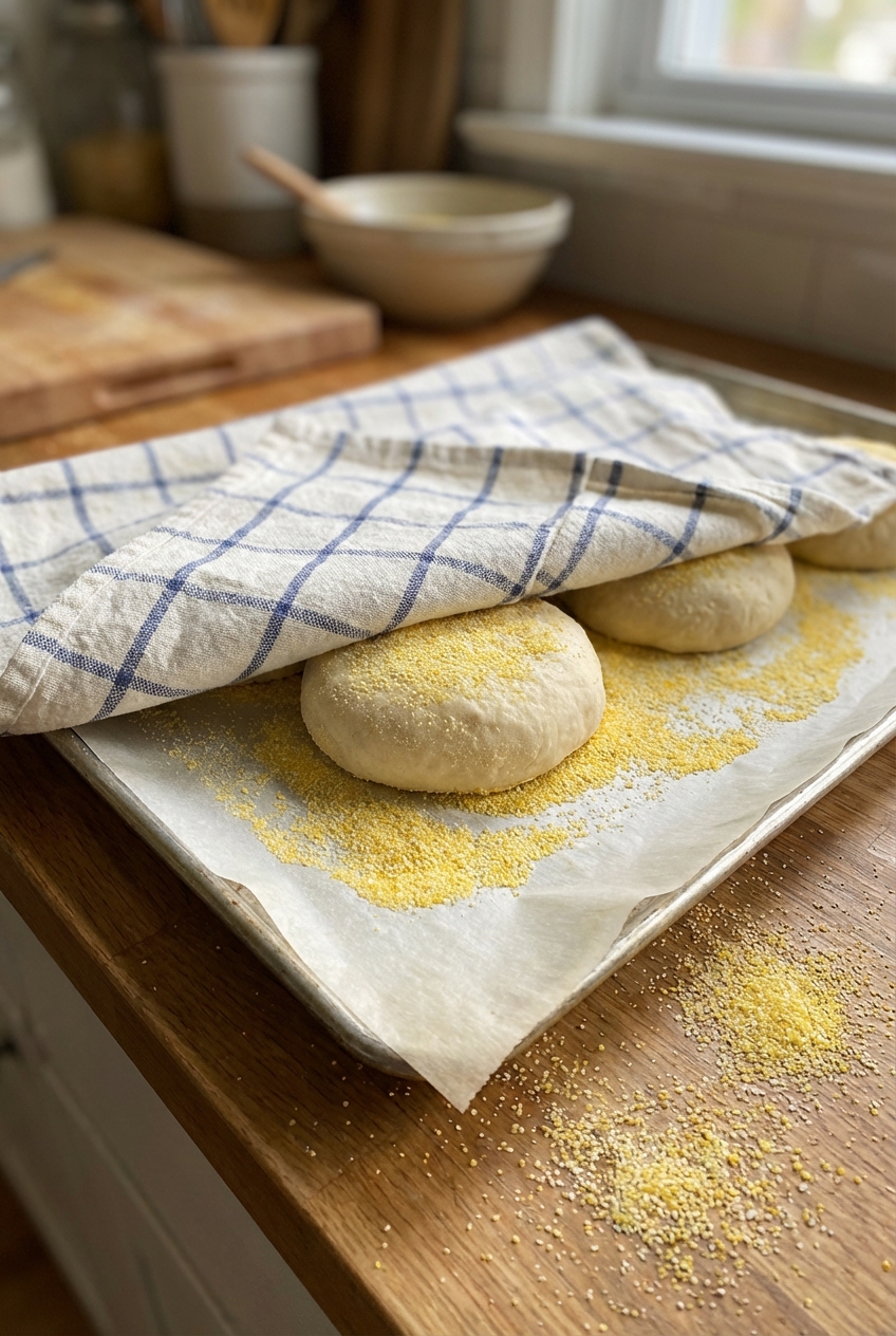 A real photograph of English muffin dough rounds resting on parchment paper dusted with cornmeal, covered with a clean kitchen towel on a countertop