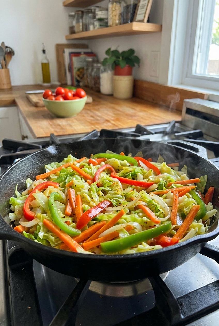 A real photograph of Jamaican cabbage sauté with carrots and bell peppers in a skillet