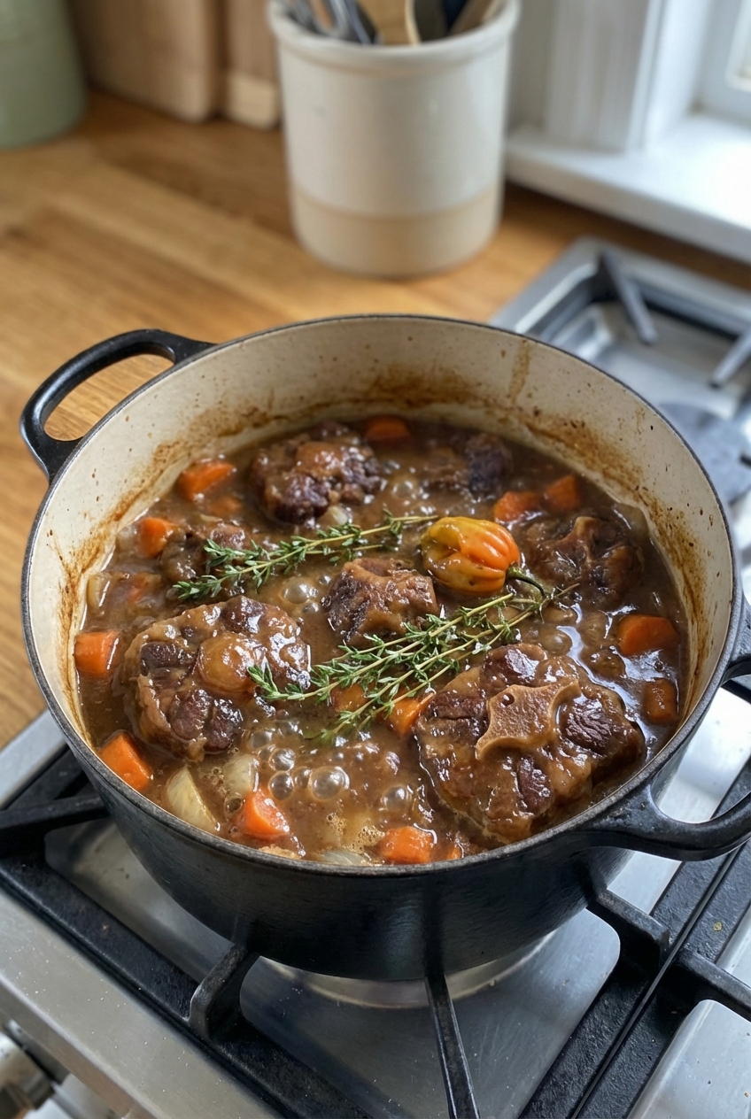 A real photograph of Jamaican oxtail stew simmering in a Dutch oven with a rich brown gravy and thyme sprigs