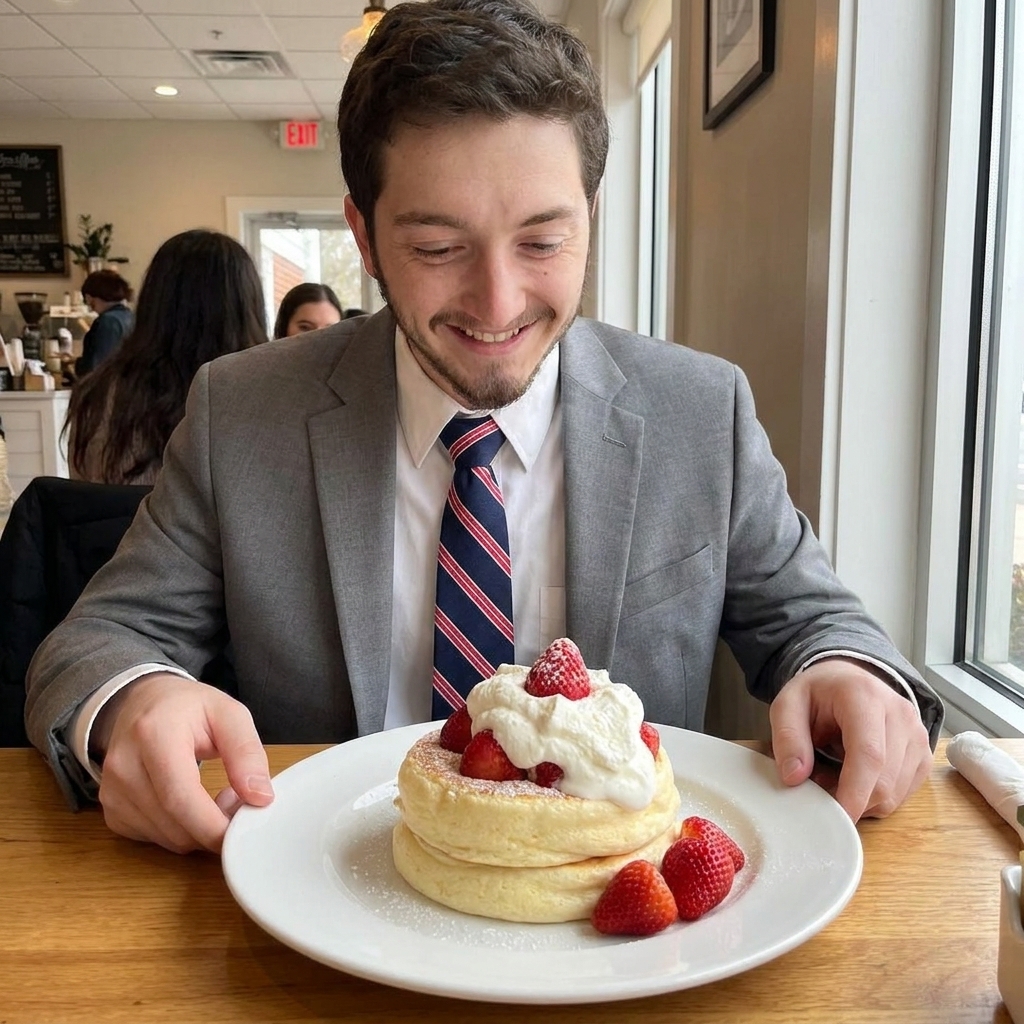 A real photograph of Japanese soufflé pancakes topped with a dollop of whipped cream and fresh strawberries on a white plate