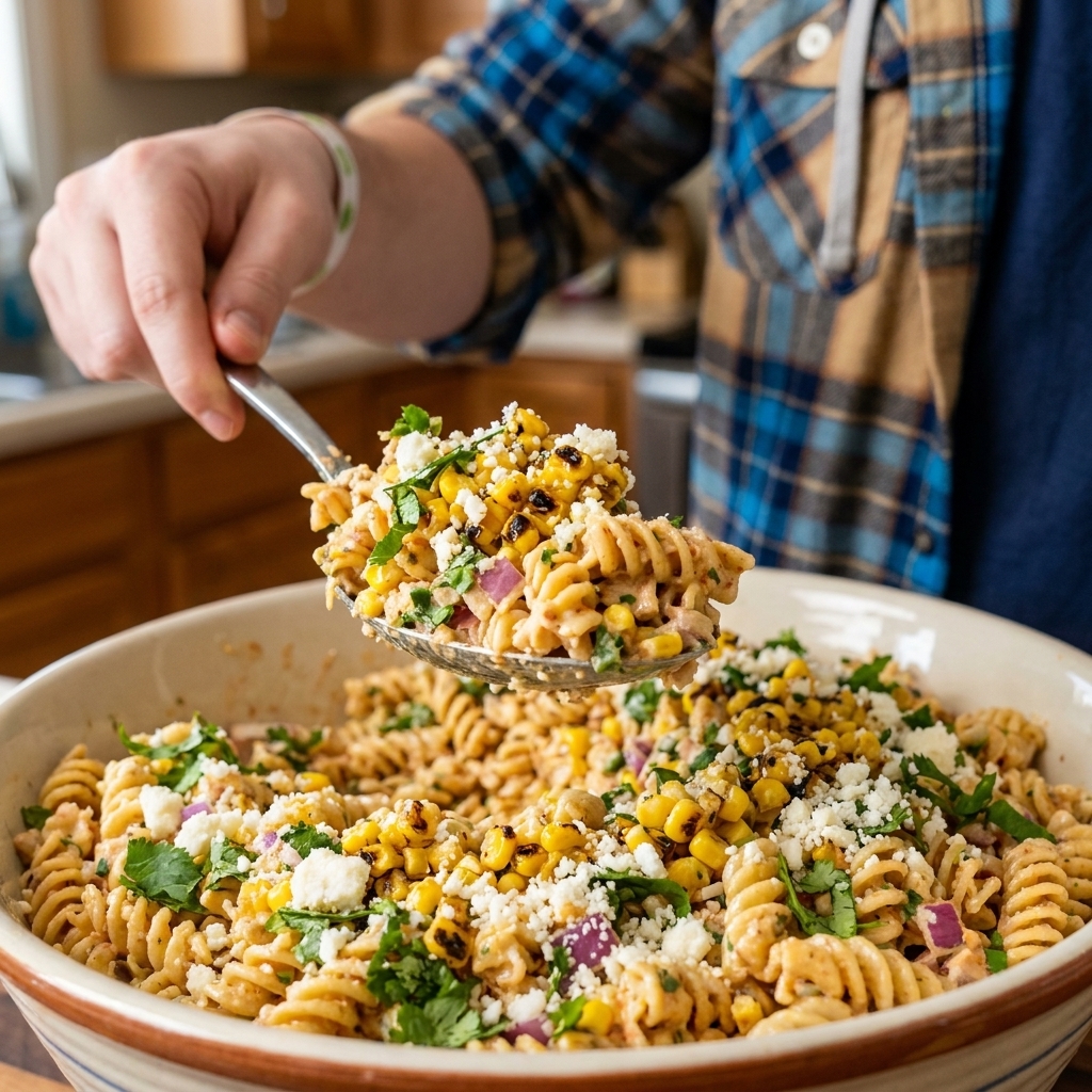 A real photograph of Mexican street corn pasta salad being scooped with a serving spoon from a large bowl, showing charred corn, cotija, and cilantro in close-up