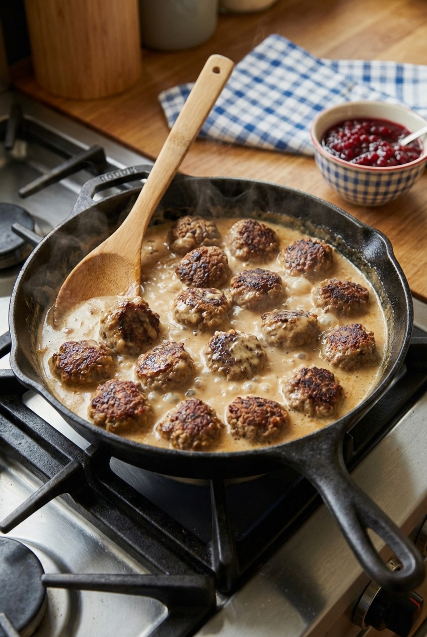 A real photograph of Swedish meatballs simmering in creamy gravy in a skillet on a stovetop