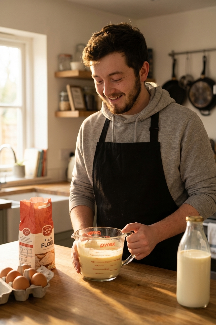 A real photograph of Yorkshire pudding style batter resting in a clear glass measuring jug on a countertop next to flour, eggs, and milk, soft morning light