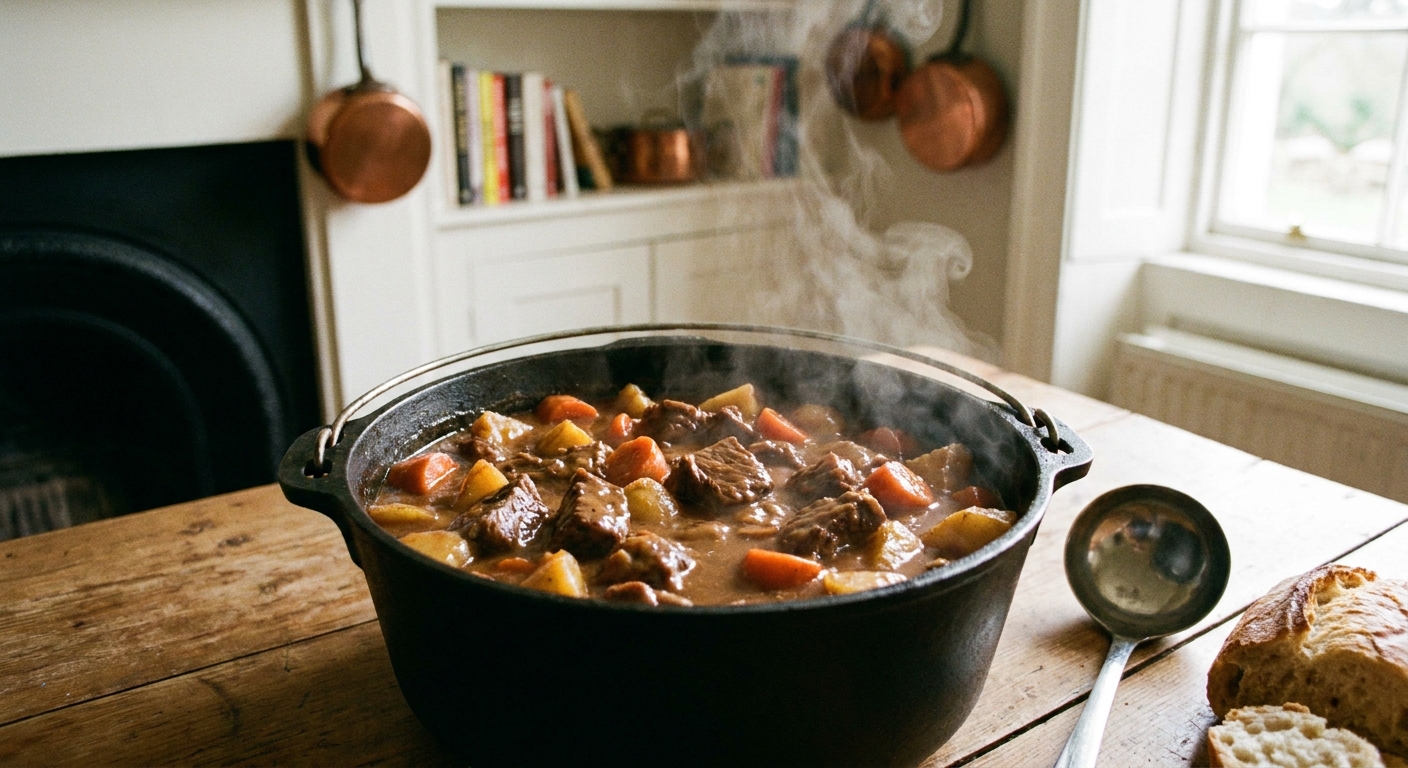 A real photograph of a Dutch oven filled with classic beef stew, showing tender chunks of beef, carrots, and potatoes in a glossy brown gravy with steam rising in a cozy kitchen setting