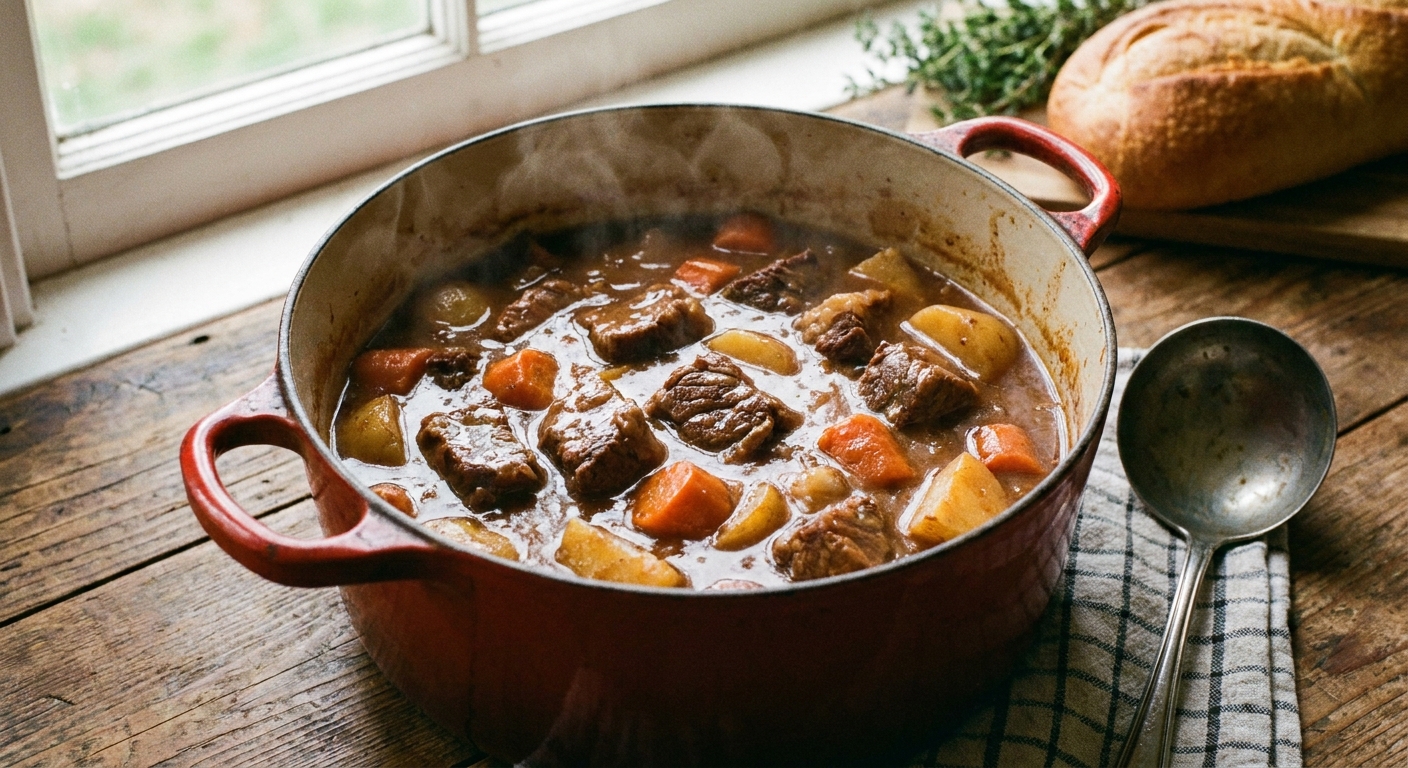 A real photograph of a Dutch oven filled with classic beef stew with tender beef chunks, carrots, potatoes, and glossy brown gravy, sitting on a wooden counter with a ladle nearby