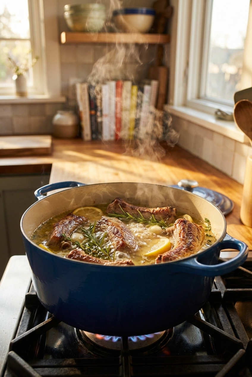 A real photograph of a Dutch oven on a stove with country style ribs partially submerged in a simmering lemon herb broth, steam rising in warm kitchen light