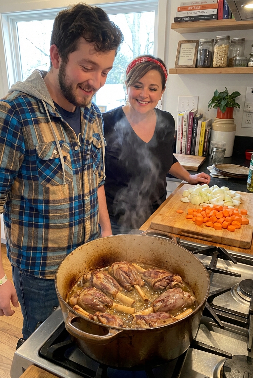 A real photograph of a Dutch oven on a stovetop with shanks browning in a single layer, with chopped onion and carrot nearby