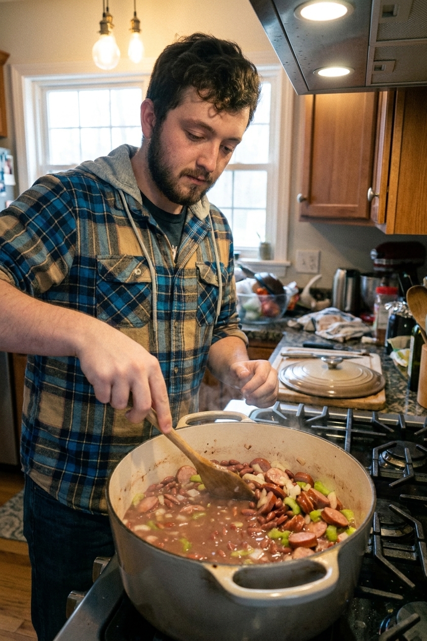 A real photograph of a Dutch oven on a stovetop with red beans simmering alongside sliced sausage and bits of onion and celery, steam rising