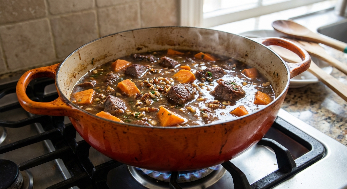 A real photograph of a Dutch oven on the stove with beef stew gently simmering, showing sweet potato chunks and a rich nutty broth