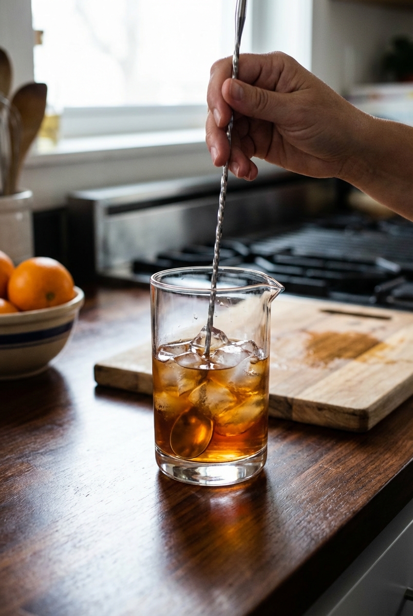 A real photograph of a Manhattan being stirred with a bar spoon in a clear mixing glass filled with ice on a kitchen counter
