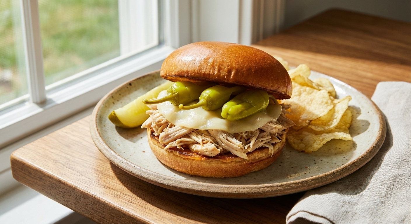 A real photograph of a Mississippi chicken sandwich on a toasted bun with shredded chicken and pepperoncini peppers, served with a simple side on a plate, natural window light
