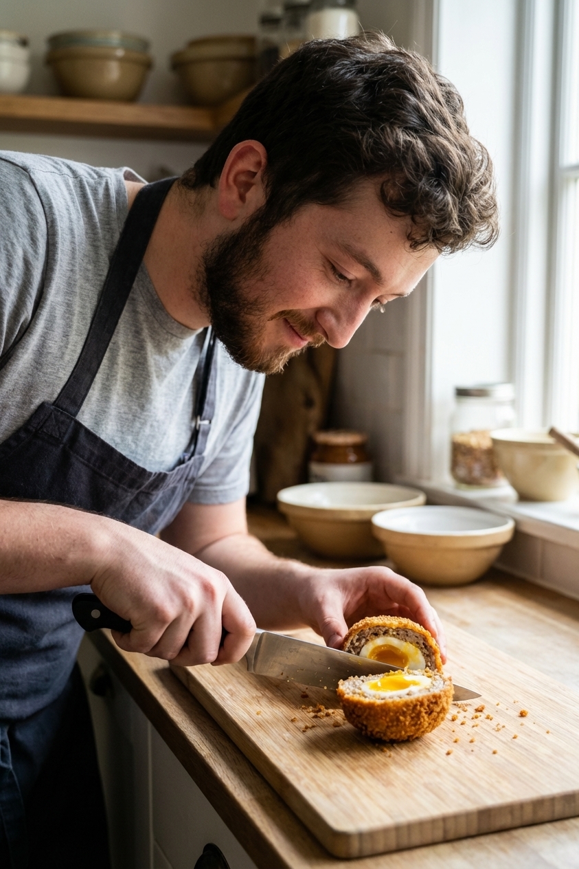 A real photograph of a Scotch egg being sliced open on a kitchen counter, showing a crisp breadcrumb crust and a slightly soft yolk