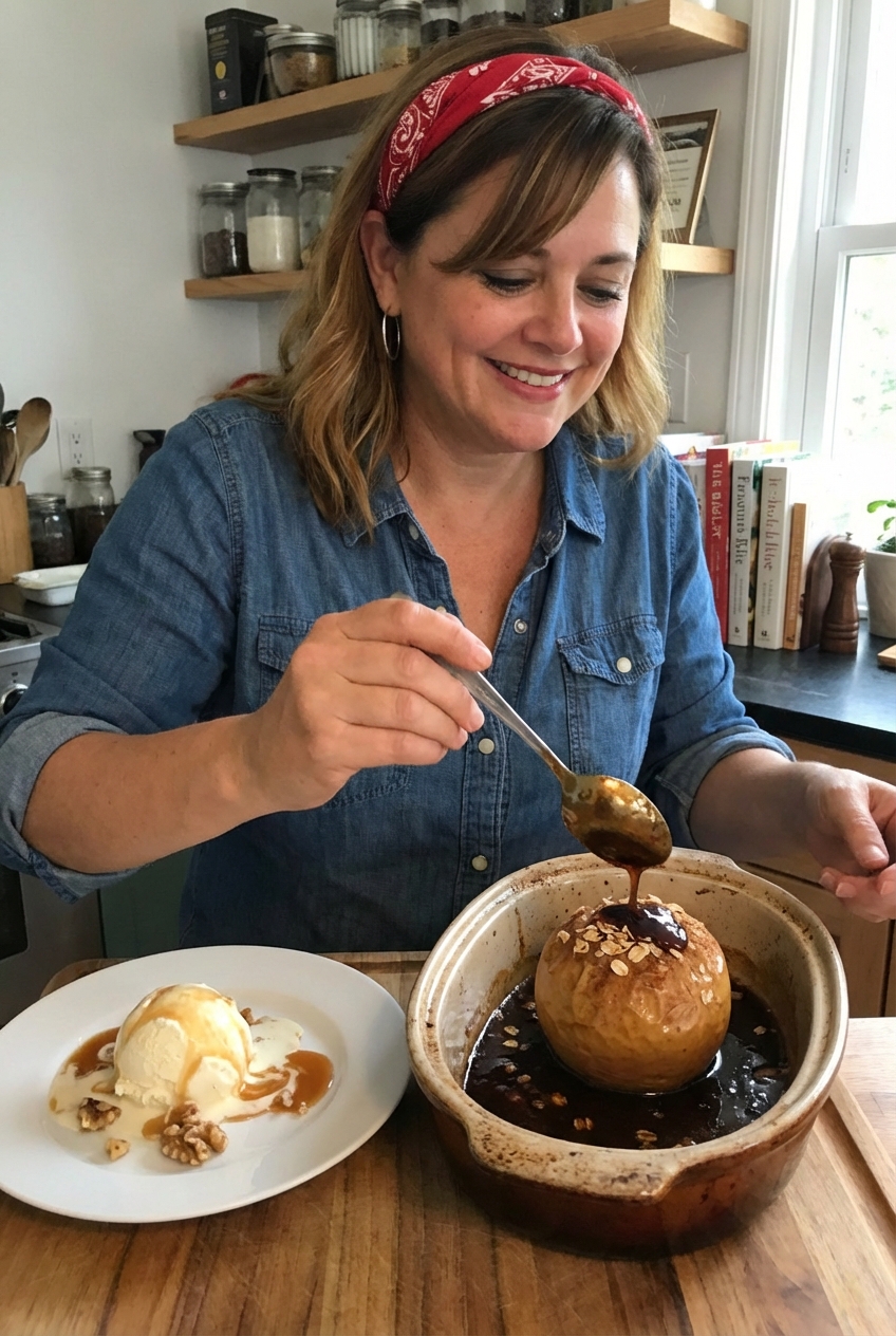 A real photograph of a baked apple being spooned with syrup from the baking dish, with vanilla ice cream melting nearby
