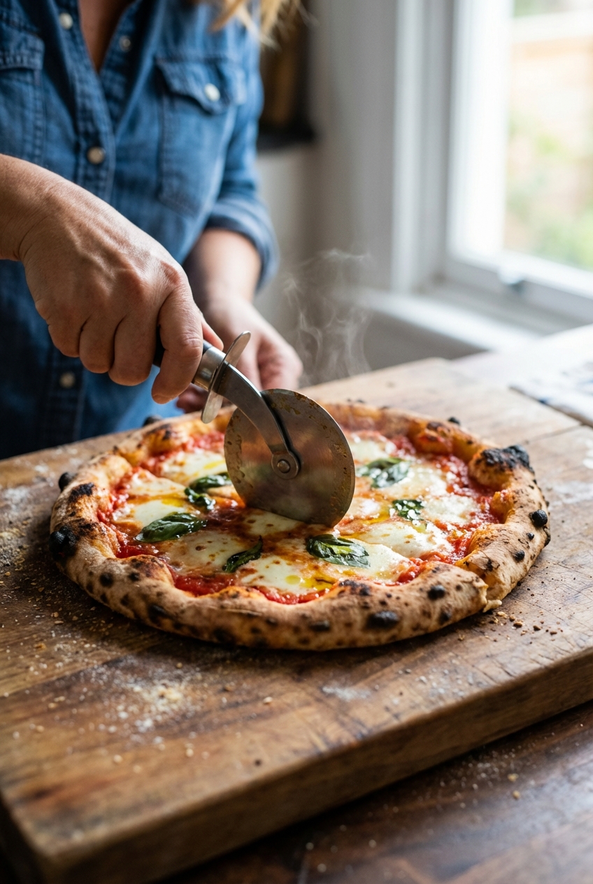 A real photograph of a baked margherita pizza being sliced with a pizza cutter on a wooden board