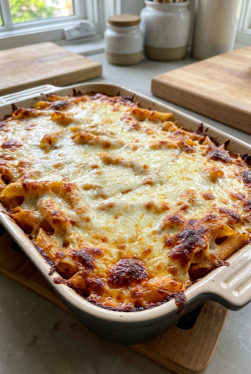 A real photograph of a baked pasta dish with melted mozzarella and browned edges in a casserole pan