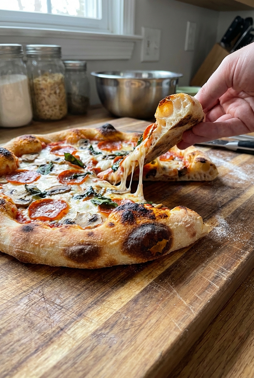 A real photograph of a baked pizza on a cutting board showing a puffy browned crust with airy bubbles and a slice being lifted