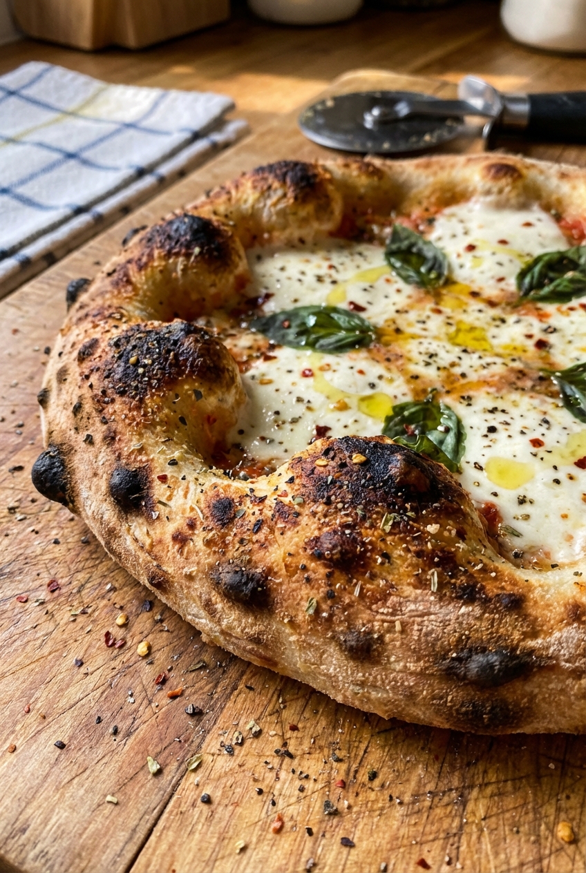 A real photograph of a baked sourdough pizza on a cutting board with blistered crust and visible specks of spices on the edge