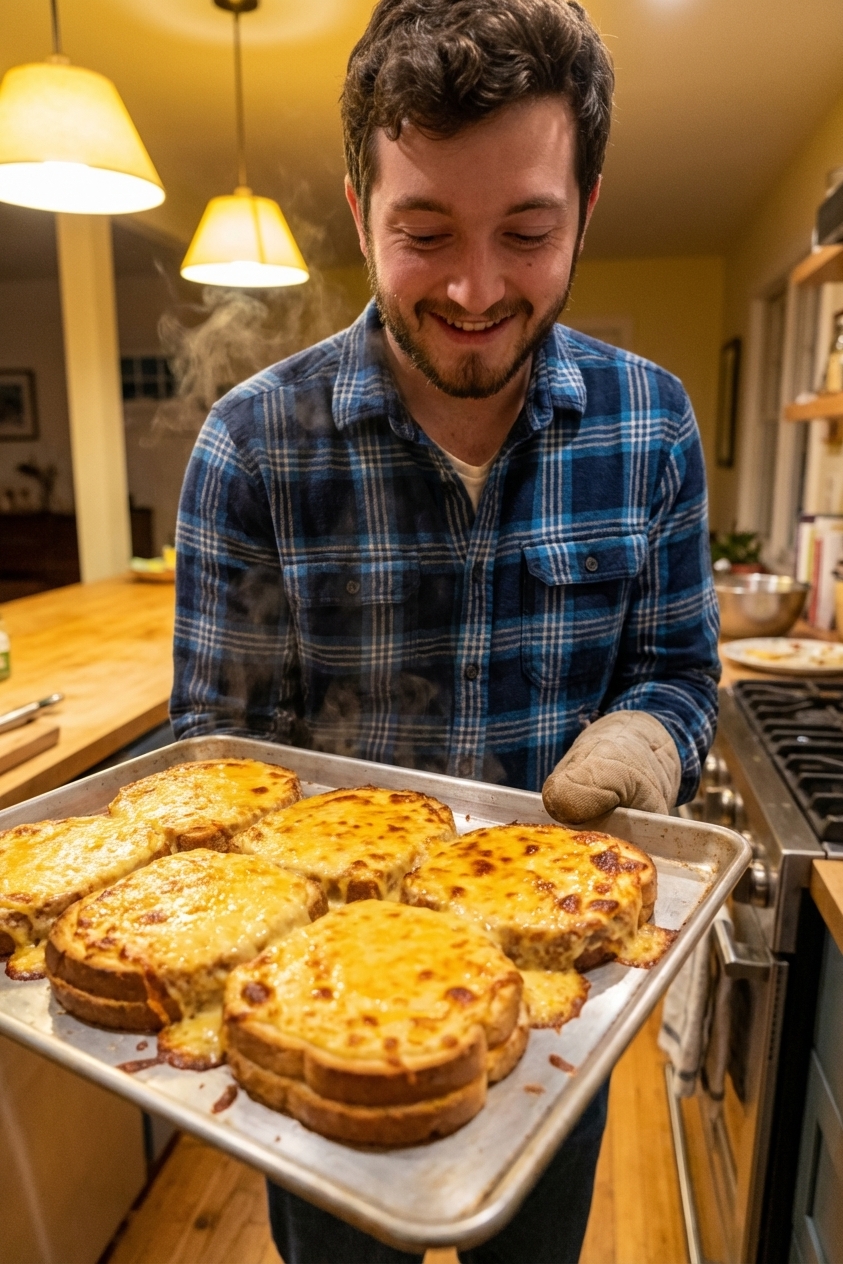 A real photograph of a baking sheet holding thick slices of toast covered in bubbling cheddar sauce under warm kitchen lighting, browned spots visible on top