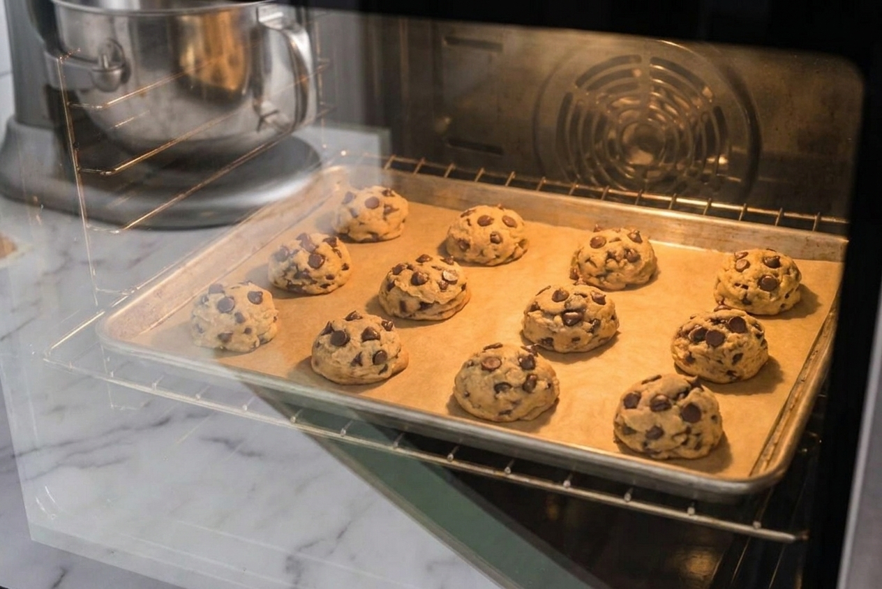 A real photograph of a baking sheet of chocolate chip cookies inside an oven with the oven light on, cookies puffed and beginning to turn golden at the edges