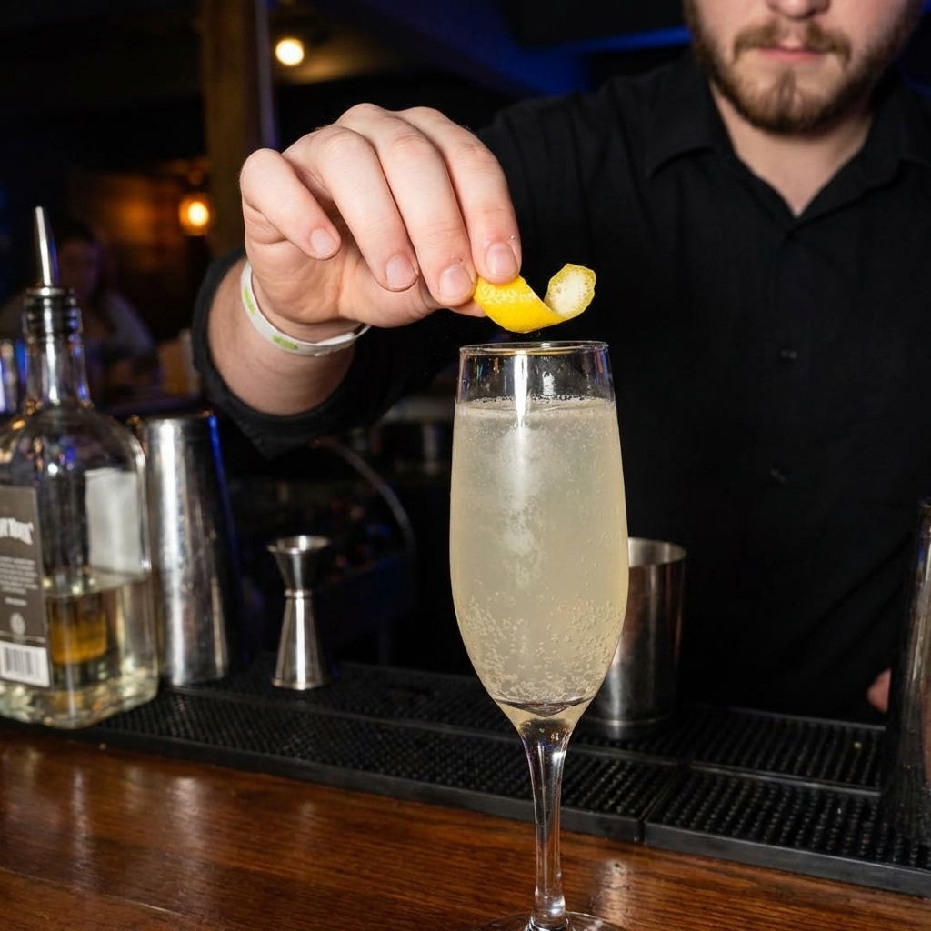 A real photograph of a bartender's hand holding a lemon peel twist over a freshly poured French 75 in a champagne flute, with bubbles rising through the drink