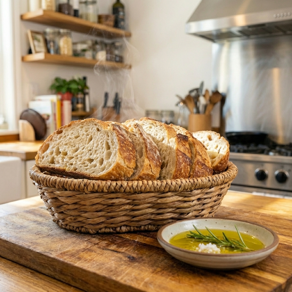 A real photograph of a basket of warm crusty bread slices with a small dish of olive oil on a table