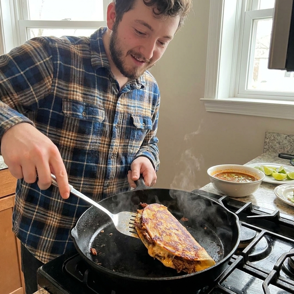 A real photograph of a birria quesadilla reheating in a cast iron skillet, tortilla edges crisp and browned, spatula lifting one side