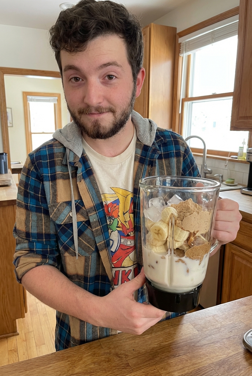 A real photograph of a blender jar filled with banana, ice, and tan smoothie ingredients before blending