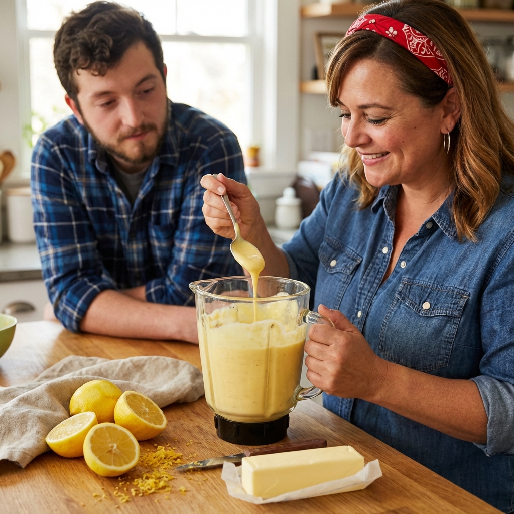 A real photograph of a blender jar filled with pale yellow hollandaise sauce on a countertop next to halved lemons and a stick of butter