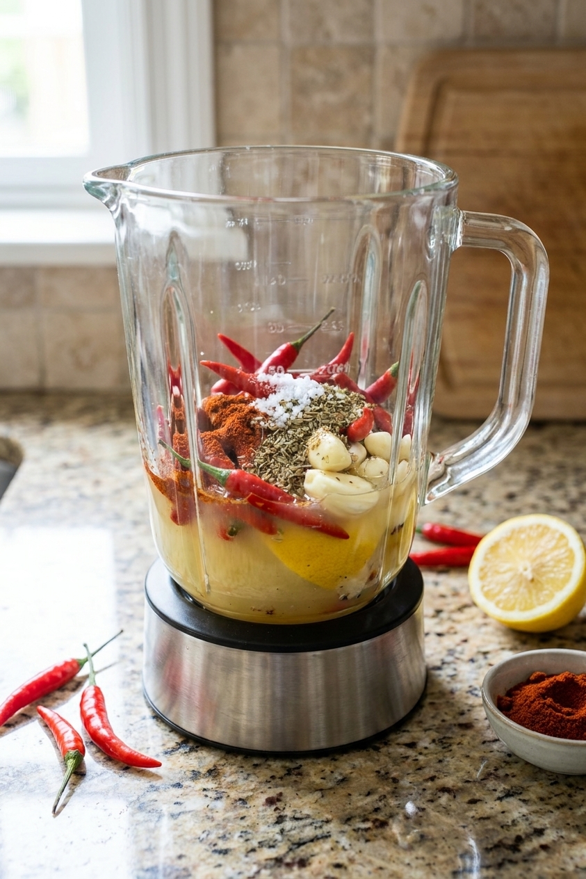 A real photograph of a blender jar filled with peri peri marinade ingredients like red chiles, garlic cloves, lemon juice, and spices on a kitchen counter