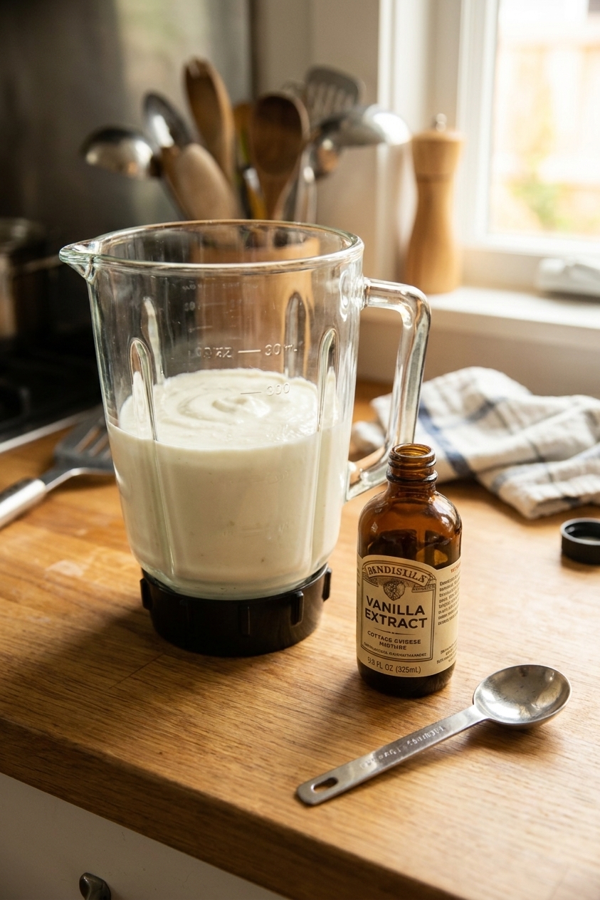 A real photograph of a blender jar filled with smooth, pale cottage cheese mixture on a kitchen countertop beside vanilla extract and a spoon