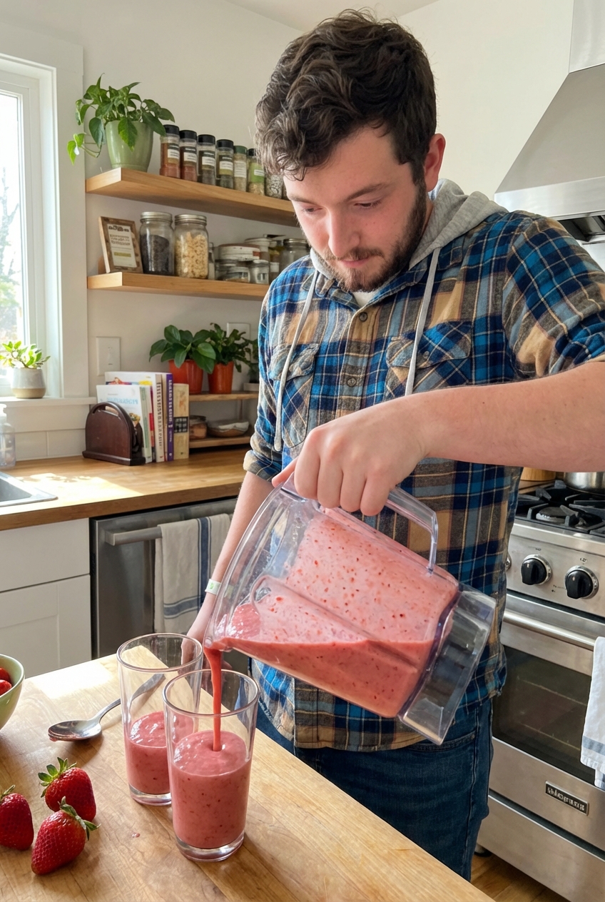 A real photograph of a blender pouring a creamy strawberry smoothie into two glasses on a kitchen counter