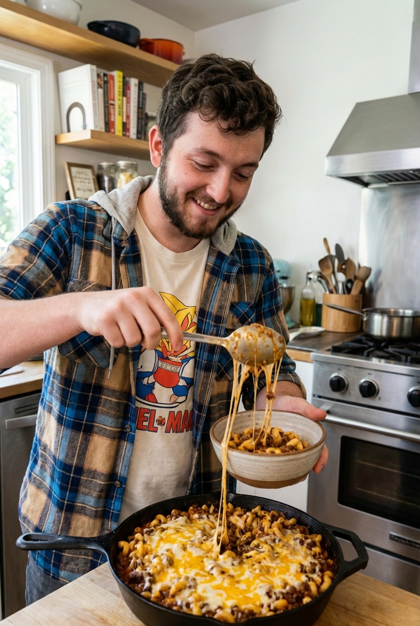 A real photograph of a bowl being filled with cheesy ground beef chili mac from a skillet, with melted cheese stretching