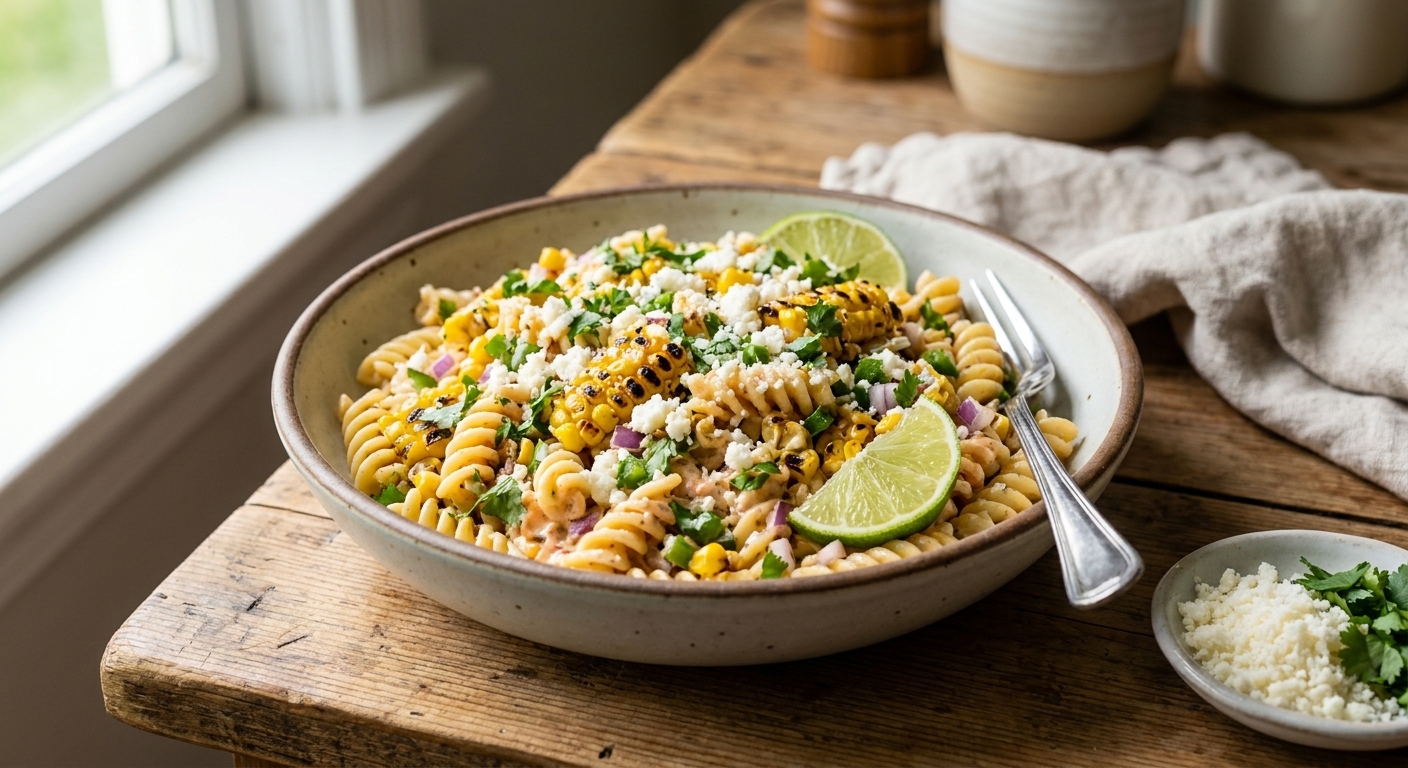 A real photograph of a bowl of Mexican street corn pasta salad with grilled corn kernels, cotija cheese, cilantro, and lime wedges on a wooden table in natural light