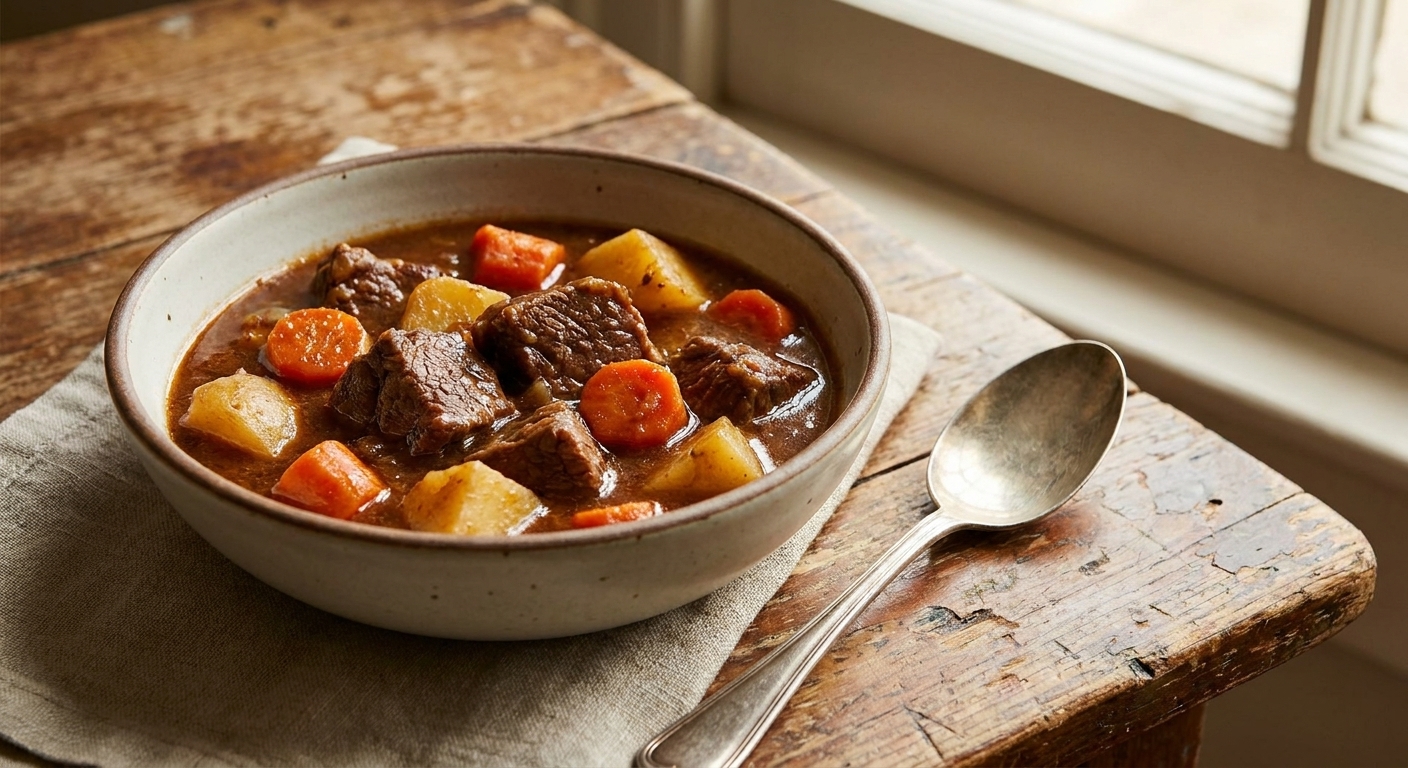 A real photograph of a bowl of beef stew on a rustic wooden table, with tender beef chunks, carrots, and potatoes in thick gravy and a spoon resting beside the bowl