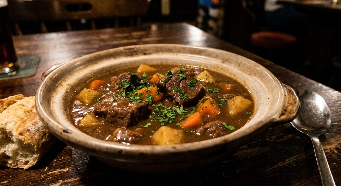 A real photograph of a bowl of beef stew with chunks of beef, carrots, and potatoes in a thick brown gravy, garnished with chopped parsley on a wooden table