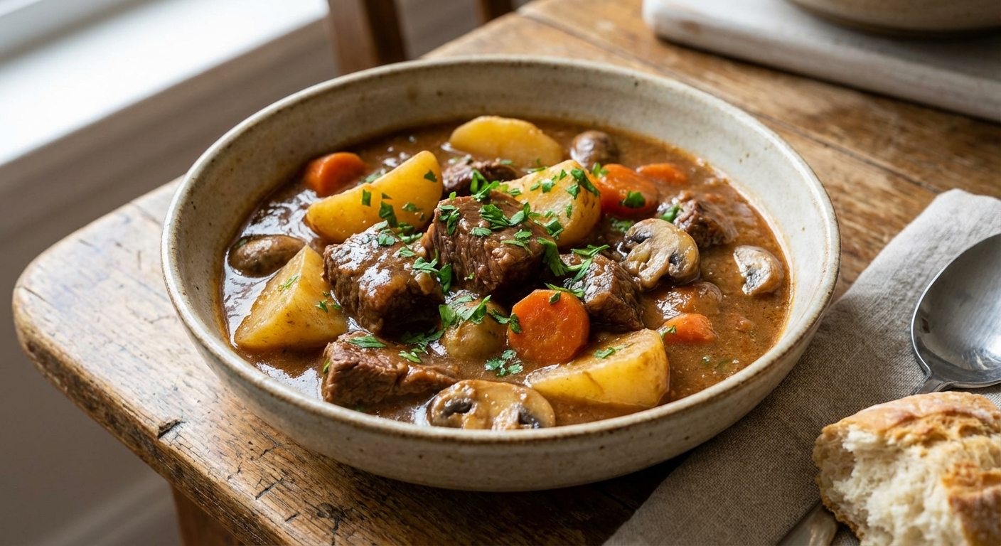 A real photograph of a bowl of beef stew with tender beef chunks, potatoes, carrots, and mushrooms in rich brown gravy with chopped parsley on top