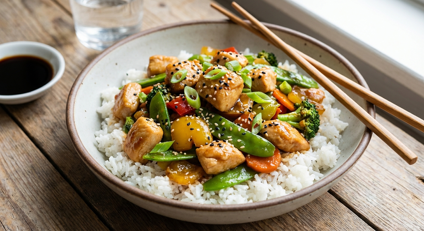 A real photograph of a bowl of chicken stir fry served over fluffy white rice with sesame seeds and sliced green onions
