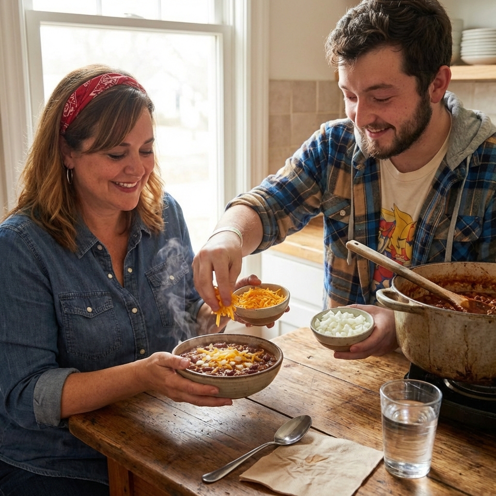 A real photograph of a bowl of chili being topped with shredded cheddar and diced onion