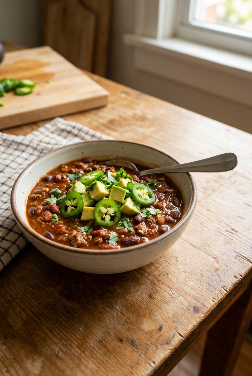 A real photograph of a bowl of chilled chili with avocado cubes, sliced jalapeño, cilantro, and a spoon resting on the rim