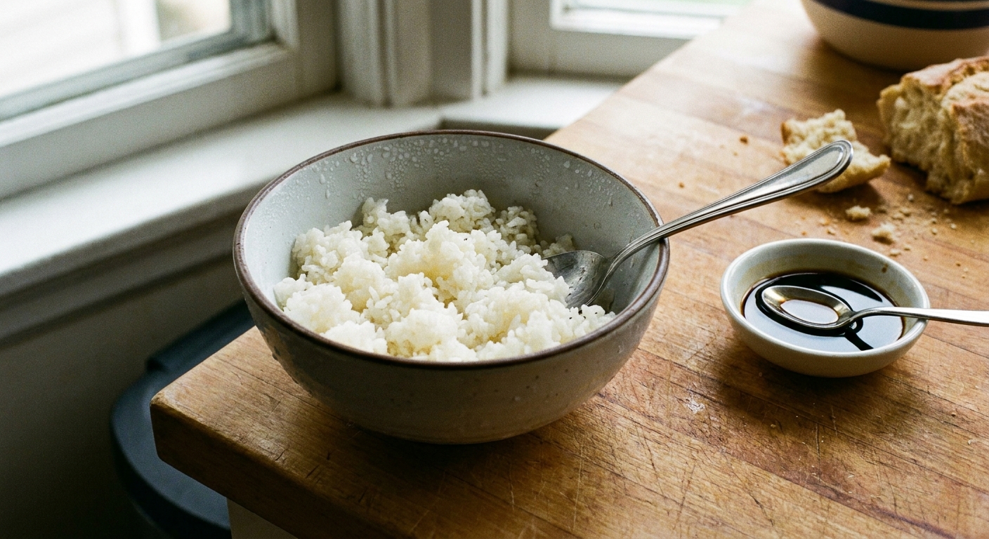 A real photograph of a bowl of chilled leftover white rice on a kitchen counter next to a spoon and a small bowl of soy sauce