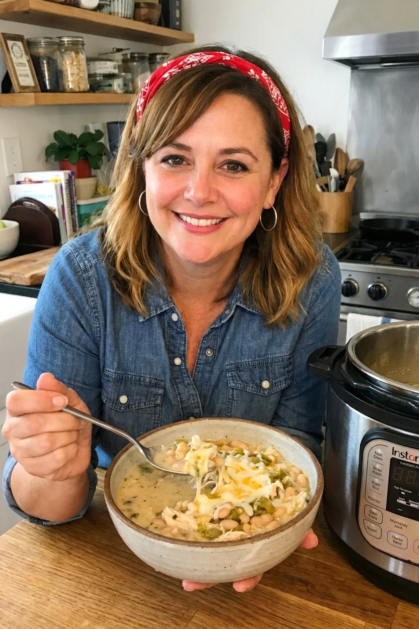 A real photograph of a bowl of creamy Instant Pot white chicken chili with shredded chicken, white beans, diced green chiles, and melted Monterey Jack on top, set on a kitchen counter with a spoon nearby