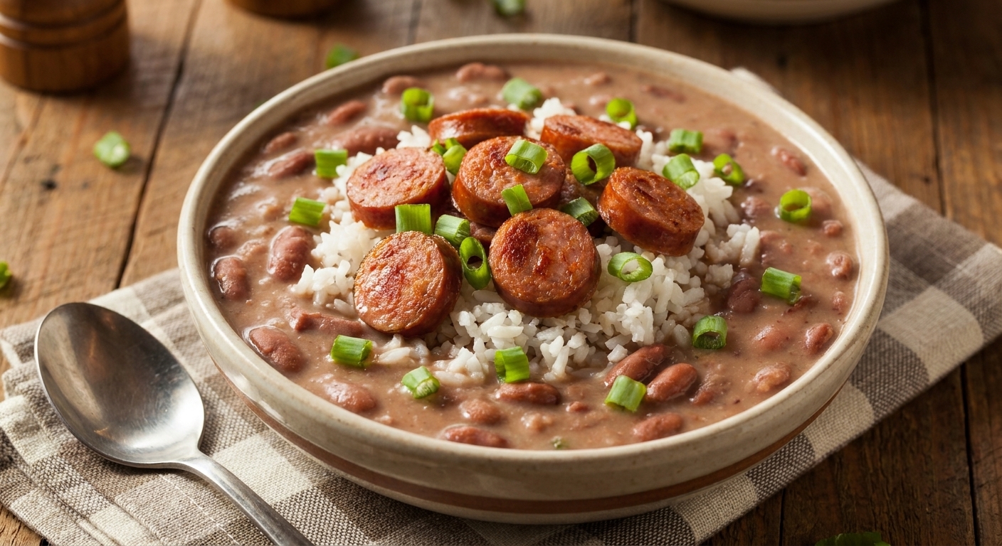 A real photograph of a bowl of creamy Louisiana-style red beans and rice topped with sliced smoked sausage and chopped green onions on a wooden dinner table with a spoon nearby