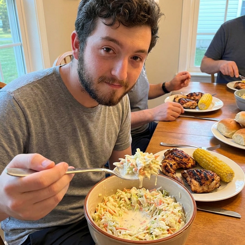 A real photograph of a bowl of creamy coleslaw being served with a spoon at a family dinner table, with plates of food slightly out of focus in the background