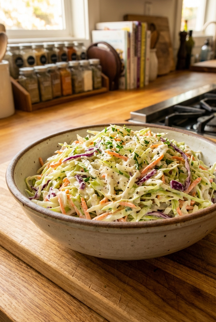 A real photograph of a bowl of creamy coleslaw with shredded cabbage and carrots
