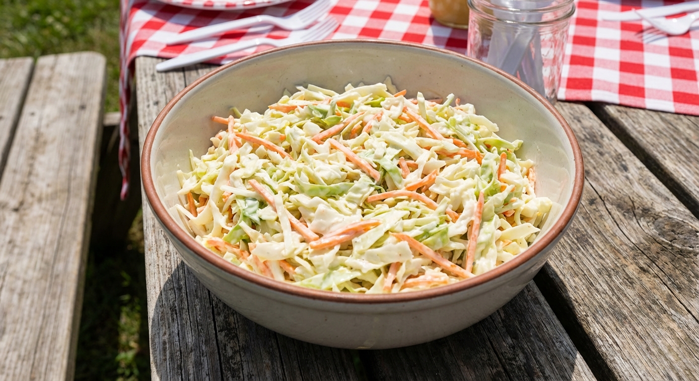 A real photograph of a bowl of creamy coleslaw with shredded cabbage and carrots on a picnic table
