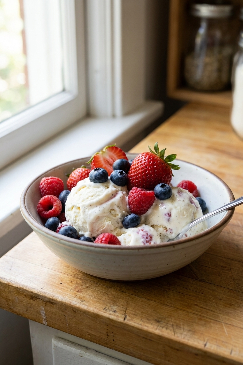 A real photograph of a bowl of creamy cottage cheese ice cream swirled with vanilla, topped with fresh berries on a wooden kitchen counter in natural window light