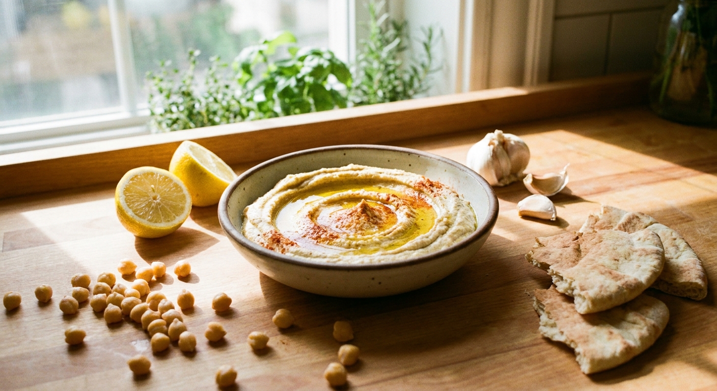 A real photograph of a bowl of creamy homemade hummus swirled with olive oil and sprinkled with paprika, surrounded by chickpeas, lemon halves, garlic cloves, and warm pita on a bright kitchen counter